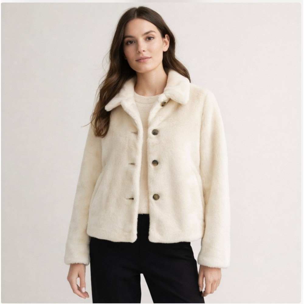 J.Crew Factory Ivory‎ Faux Fur Jacket Minimalist Collared Size 6